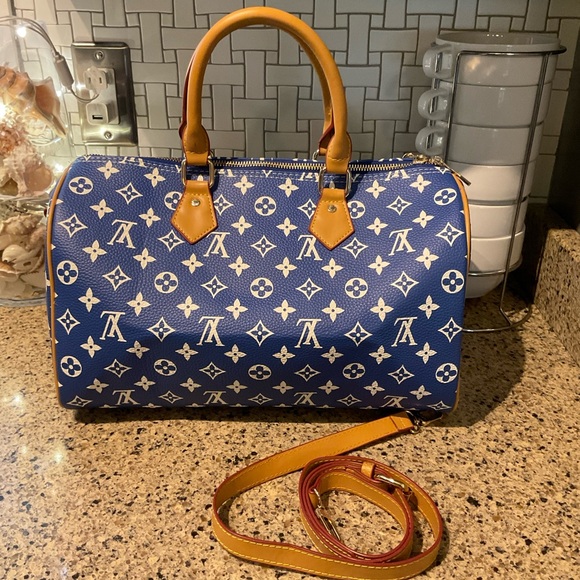 COPY - Inspired P9 Speedy Bandouliere 40 Blue Monogram Gold Hardware - Picture 8 of 15